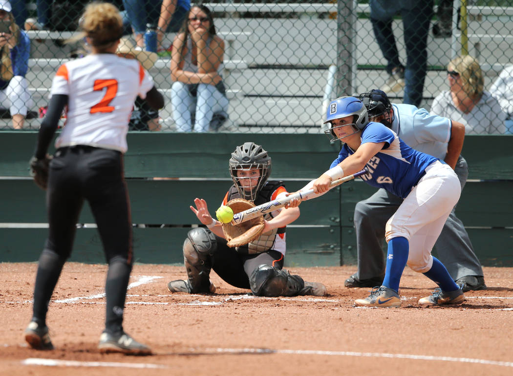 Basic Wolves’ Angela Santillanes hits against the Douglas Tigers during the NIAA 4A so ...