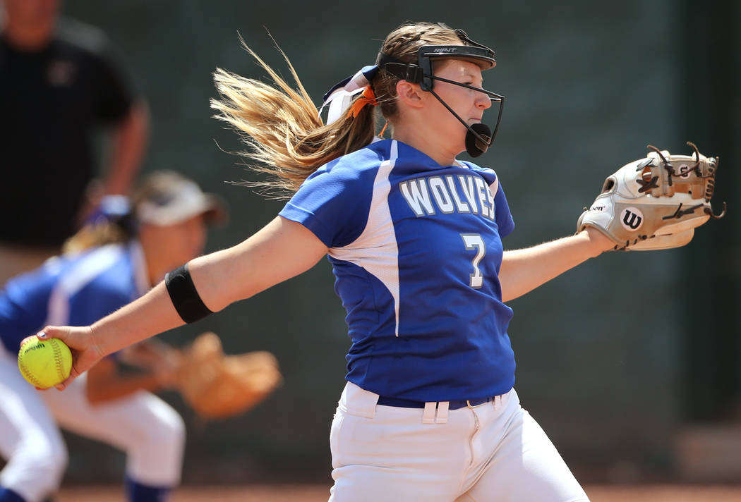 Basic Wolves’ Shelby Basso pitches against the Douglas Tigers during the NIAA 4A softb ...