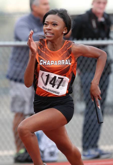 Chaparralճ Naja Muhammad runs the 3A 4×200 relay at the NIAA Track & Field Ch ...