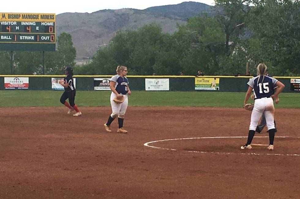 Shadow Ridge players react to a home run against Douglas in a Class 4A state softball tourna ...