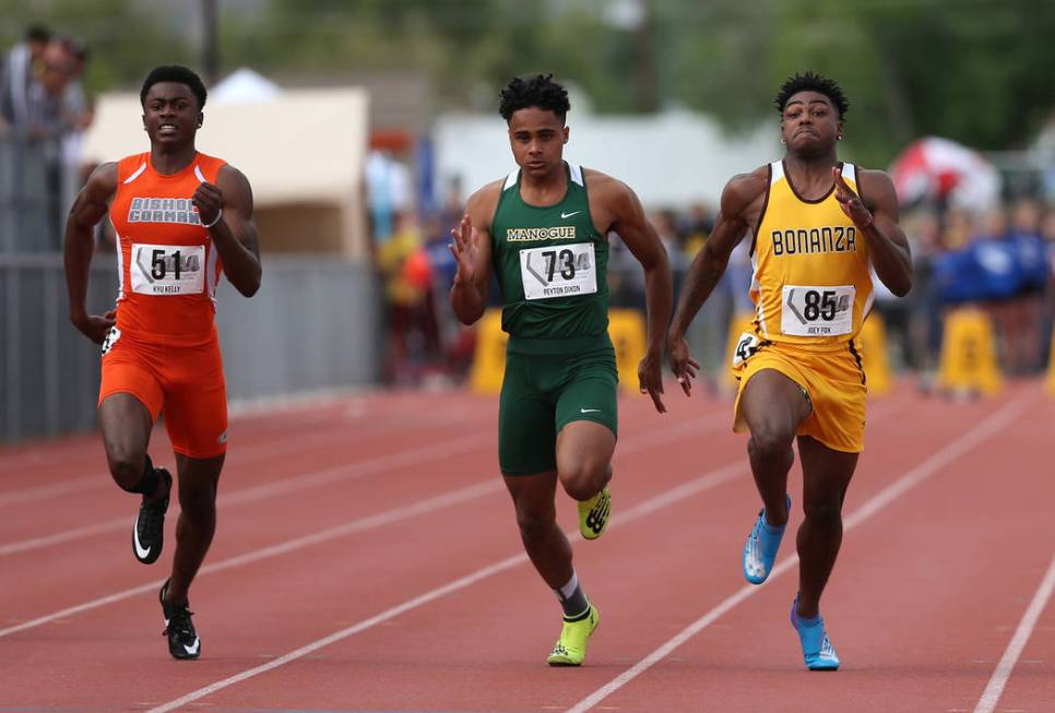 From left, Bishop Gorman’s Kyu Kelly, Bishop Manogue’s Peyton Dixon and Bonanza& ...