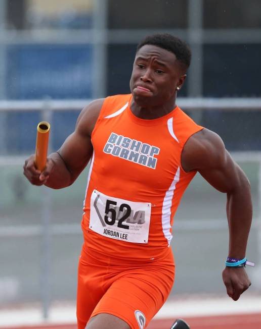 Jordan Lee runs the first leg as Bishop Gorman wins the 4A 400 relay at the NIAA Track &#038 ...