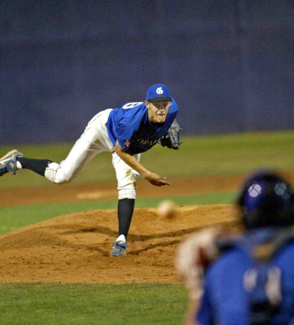 Bishop Gorman High School pitcher Taylor Cole delivers a pitch on his way to a shutout again ...