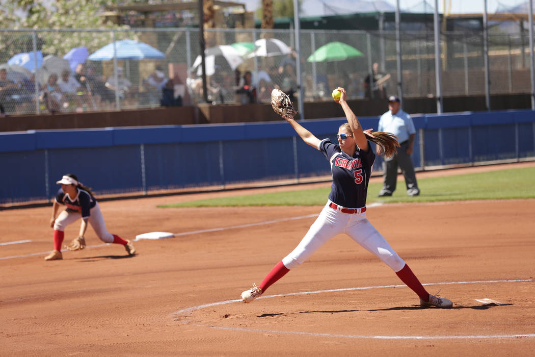 Coronado’s Tatum Spangler (5) pitches against Basic during the 2018 NIAA Class 4A Sunr ...