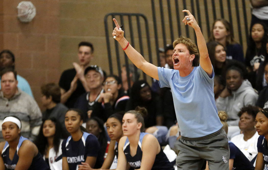 Centennial head coach Karen Weitz directs her team against Spring Valley during the Sunset R ...