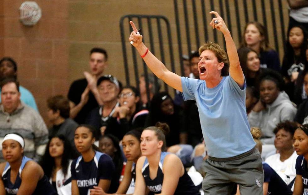 Centennial head coach Karen Weitz directs her team against Spring Valley during the Sunset R ...