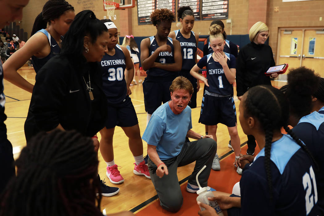 Centennial head coach Karen Weitz directs her team against Spring Valley during the Sunset R ...