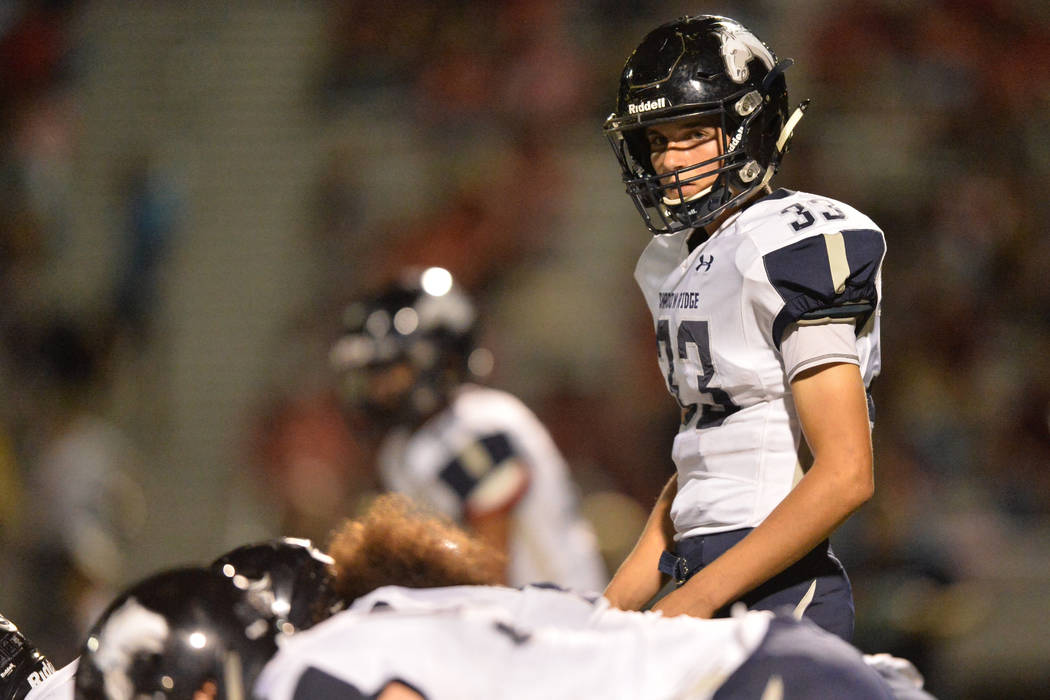 Shadow Ridge quarterback Kody Presser (33) looks to his sideline during the Arbor View High ...