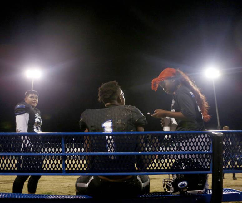 Desert Pines’ quarterback Tyler Williamson, 1, rests during a game against Sunrise Mou ...