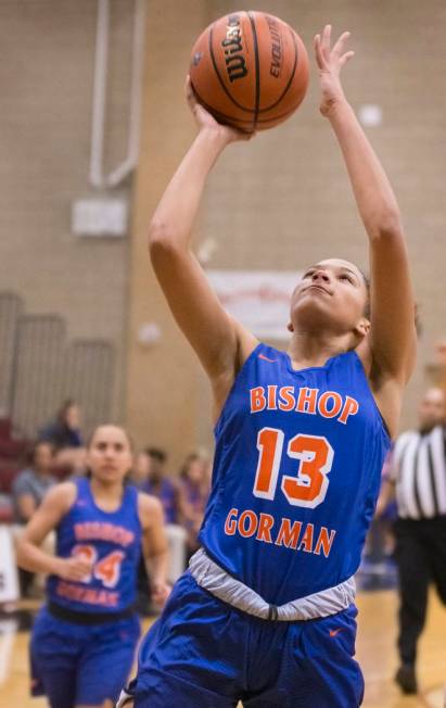 Bishop Gorman’s Georgia Ohiaeri (13) converts a fast break layup during the Gaels road ...