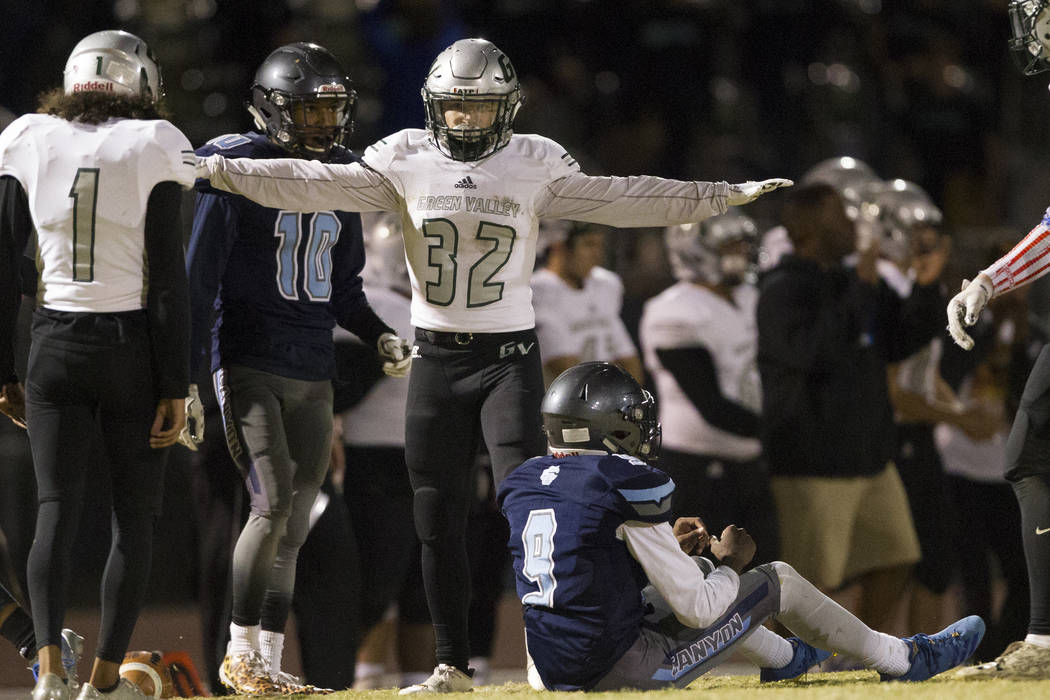 Green Valley’s Braxton Harms (32) reacts to the last play of the game against Canyon S ...