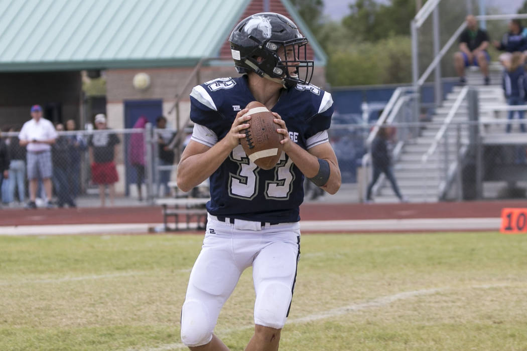 Shadow Ridge quarterback Kody Presser (33) looks for the open receiver against Arbor View du ...