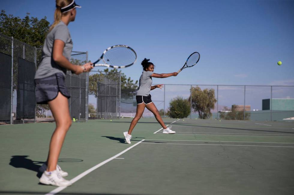 Priya Raju, 14, during a team tennis practice at Palo Verde High School in Las Vegas, Wednes ...