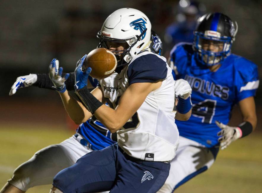 Foothill wide receiver Braeden Wilson (28) makes a catch for a touchdown past Basic defender ...