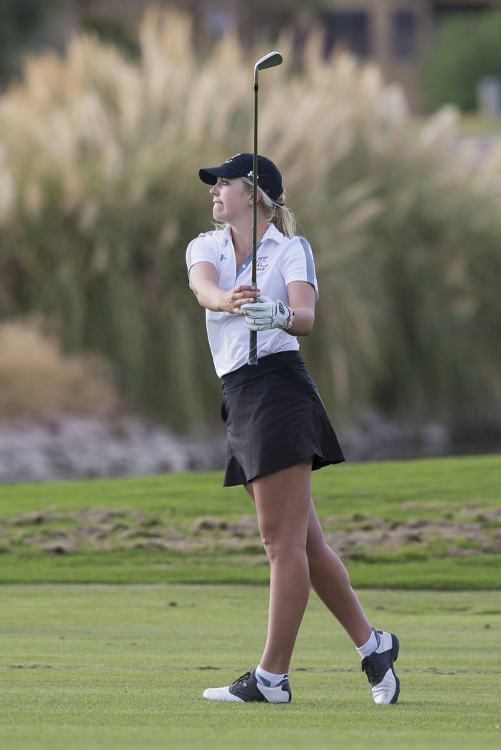 Faith Lutheran sophomore Gracie Olkowski hits an iron at Stallion Mountain Golf Club on Wedn ...