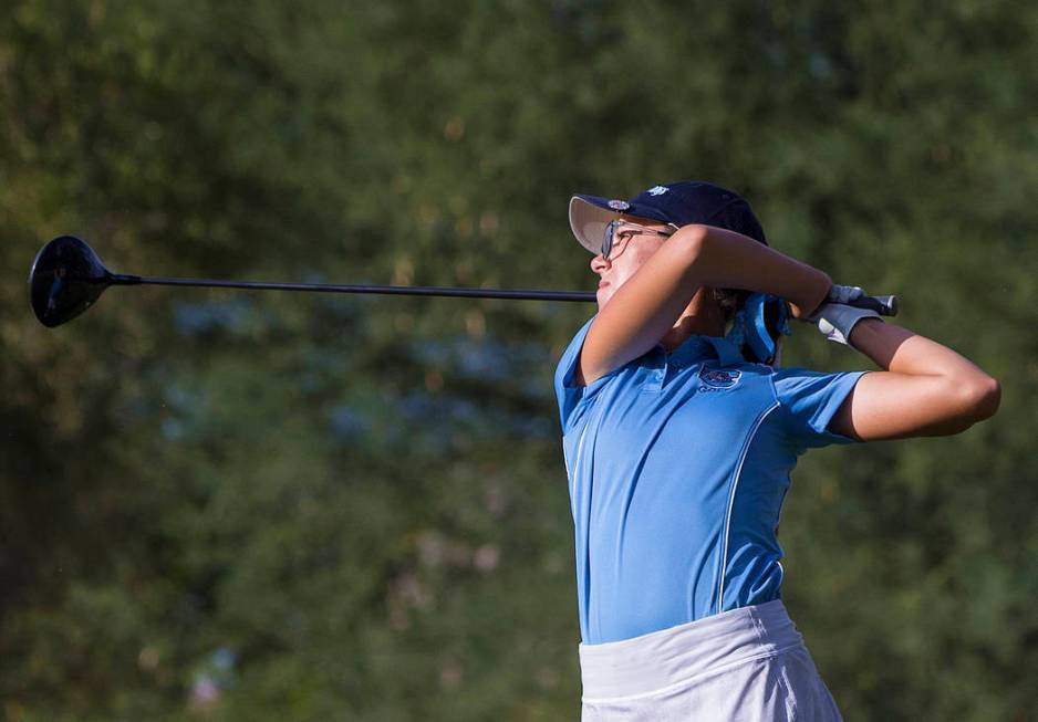 Centennial sophomore McKenzi Hall drives the ball at Stallion Mountain Golf Club on Wednesda ...