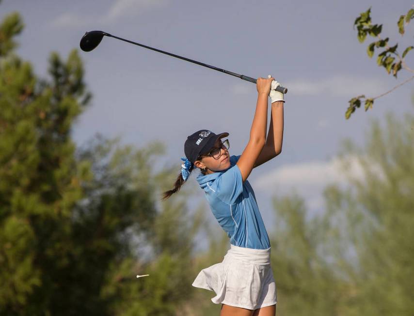 Centennial sophomore McKenzi Hall drives the ball at Stallion Mountain Golf Club on Wednesda ...