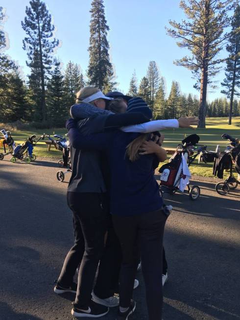Boulder City girls golfers celebrate winning the Class 3A state championship at Schaffer&#82 ...