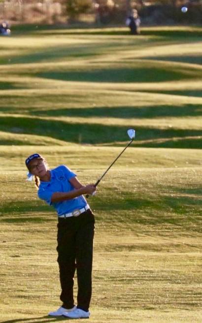 Centennial’s McKenzi Hall takes a shot during the Class 4A state golf tournament at Da ...