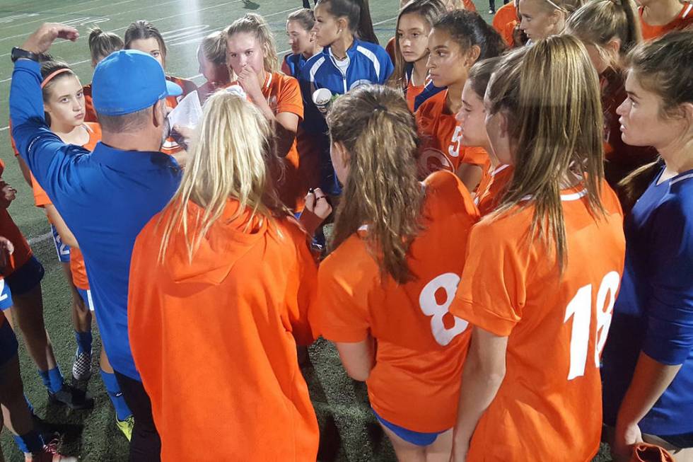 Bishop Gorman coach Doug Borgel addresses his team after its 7-0 senior-night win over Coron ...