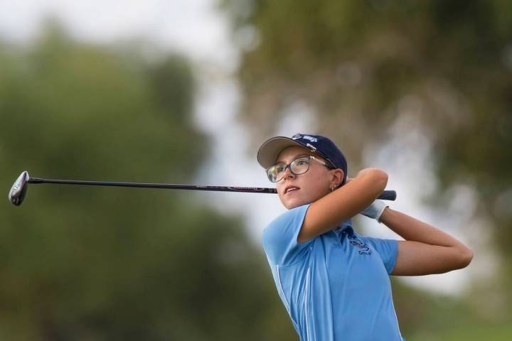 Centennial sophomore McKenzi Hall drives the ball at Stallion Mountain Golf Club on Wednesda ...