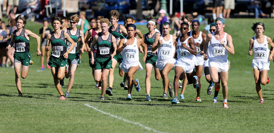 Runners at the start of the 4A Mountain boys cross country region race at Veteran’s Me ...