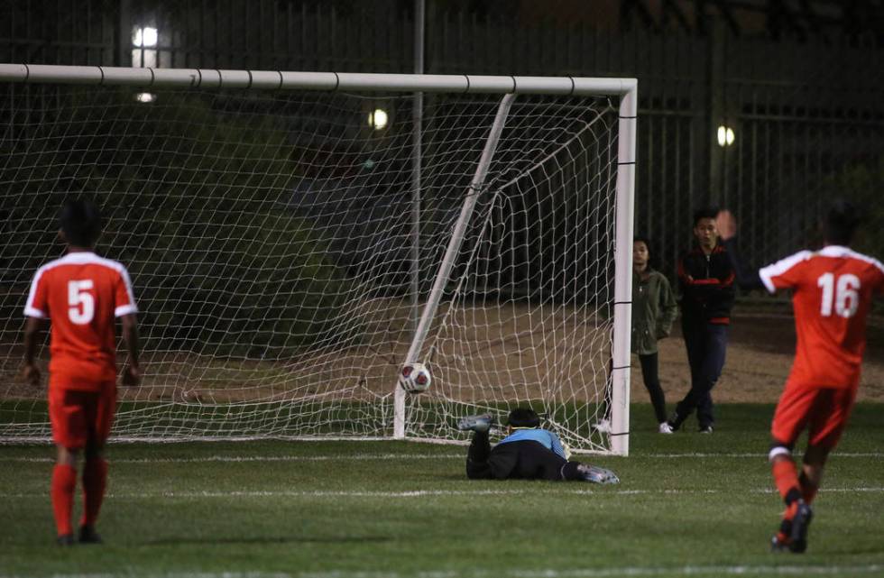 Clark High School scores a goal on Tech’s Yobani Garcia-Benitez at the Bettye Wilson S ...