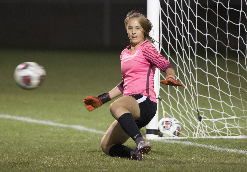 Green Valley junior goalkeeper Nicolette De La Carrera (11) gives up a penalty kick goal in ...