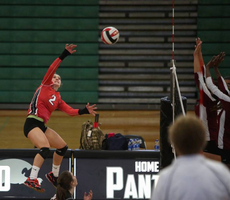 Las Vegas High School’s Skyla Faught hits the ball over the net against Cimarron Memor ...