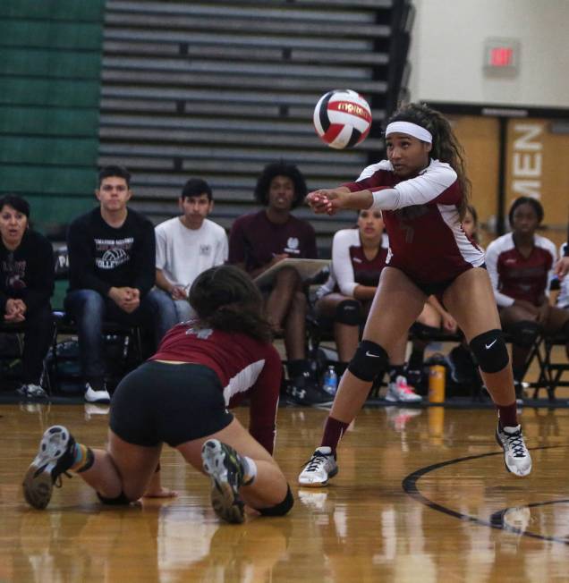 Cimarron Memorial High School’s Mya’Liah Bethea hits the ball during a point aga ...