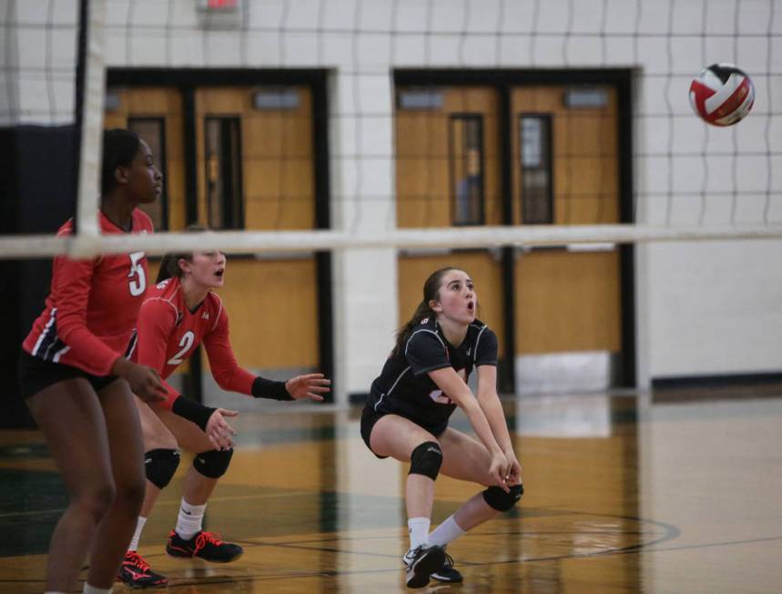 Las Vegas High School’s Nicole Velez sends ball over the net in a game against Cimarro ...