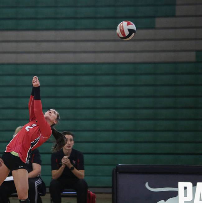 Las Vegas High School’s Skyla Faught returns the ball in a game against Cimarron Memor ...