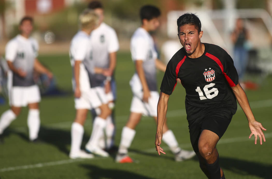 Las Vegas’ Nathan Zamora (16) celebrates his goal against Palo Verde during the Mounta ...