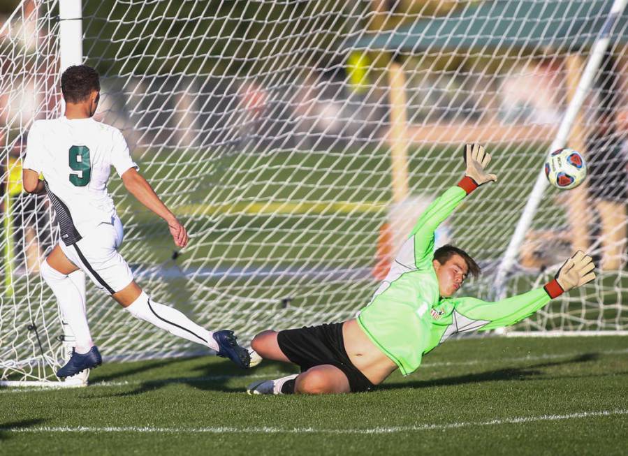 Palo Verde’s Michael Vogel helps get a shot past Las Vegas’ Rudy Gomez (1) to sc ...