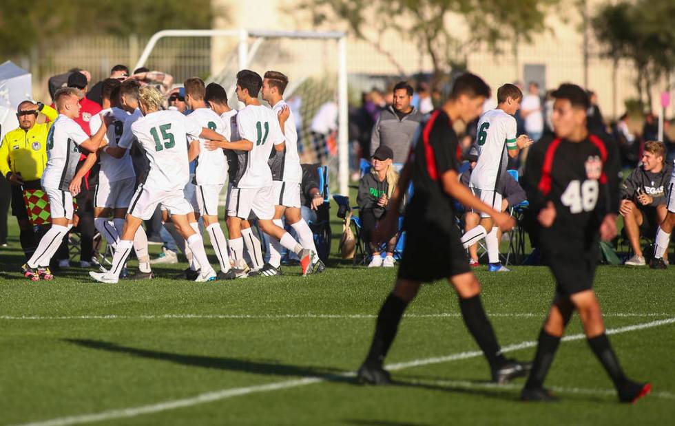 Palo Verde players celebrate a goal against Las Vegas during the Mountain Region boys soccer ...