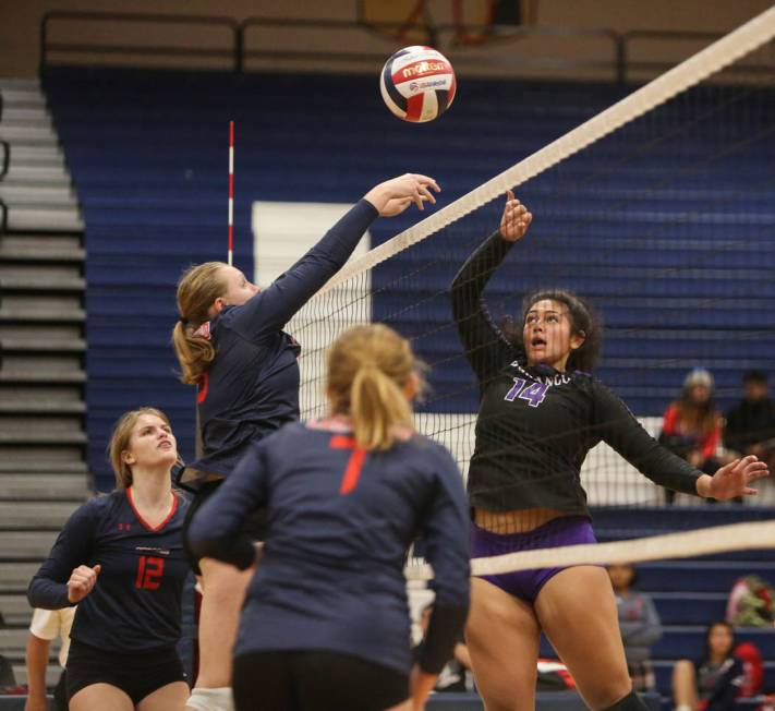 Coronado’s Aspen Steele hits the ball as Durango’s Tehani Faitau jumps up to ret ...