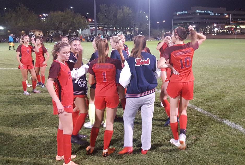 Coronado girls soccer celebrate after escaping with a 3-2 win over Desert Oasis in the Class ...