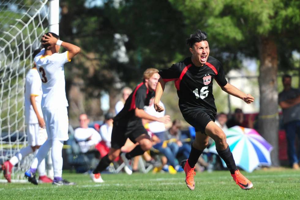 Las Vegas High School’s Nathan Zamora (16) celebrates the second goal of the 3A Mounta ...