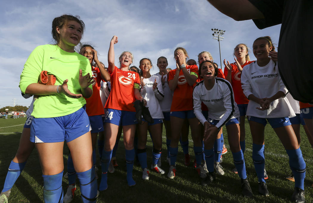 Bishop Gorman players celebrate their win over Coronado in the Desert Region girls soccer ch ...