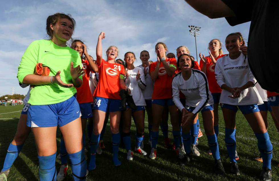 Bishop Gorman players celebrate their win over Coronado in the Desert Region girls soccer ch ...