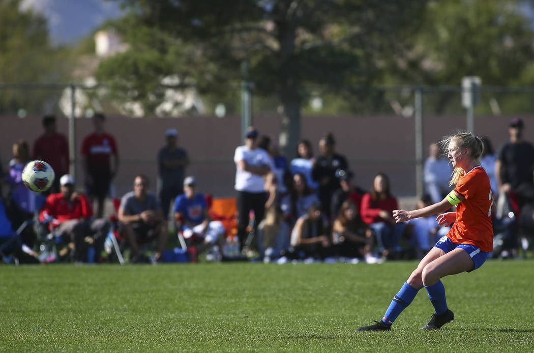 Bishop Gorman’s Kevyn Hillegas (24) kicks the ball to score past Coronado’s Tayl ...