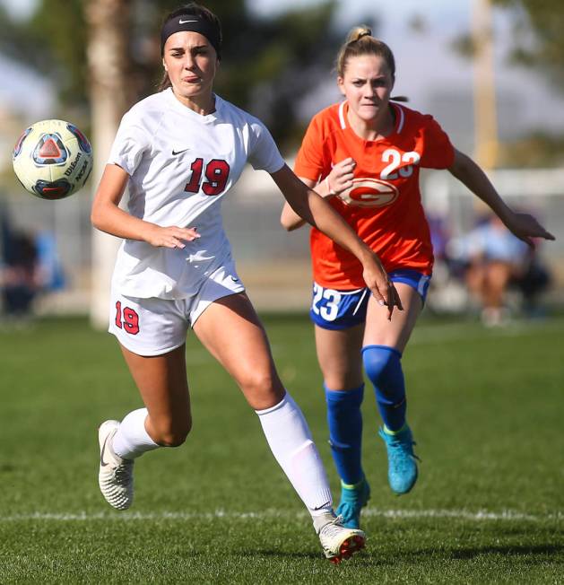 Coronado’s Simone Hottentot chases after the ball against Bishop Gorman’s Jacque ...