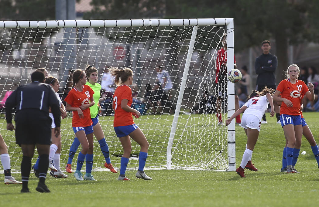 Coronado’s Alexis Pashales heads the ball to score a goal against Bishop Gorman during ...