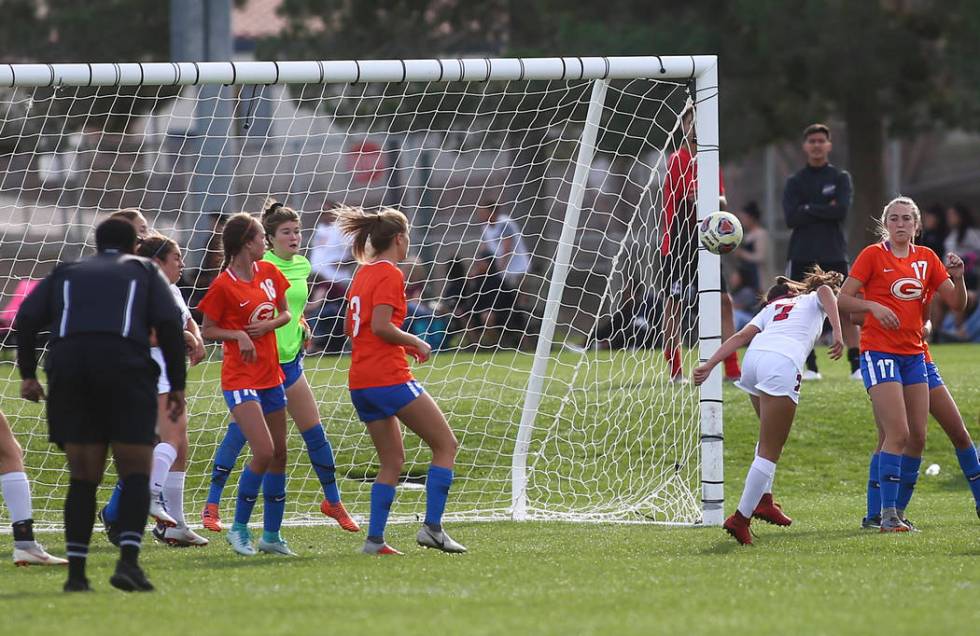 Coronado’s Alexis Pashales heads the ball to score a goal against Bishop Gorman during ...