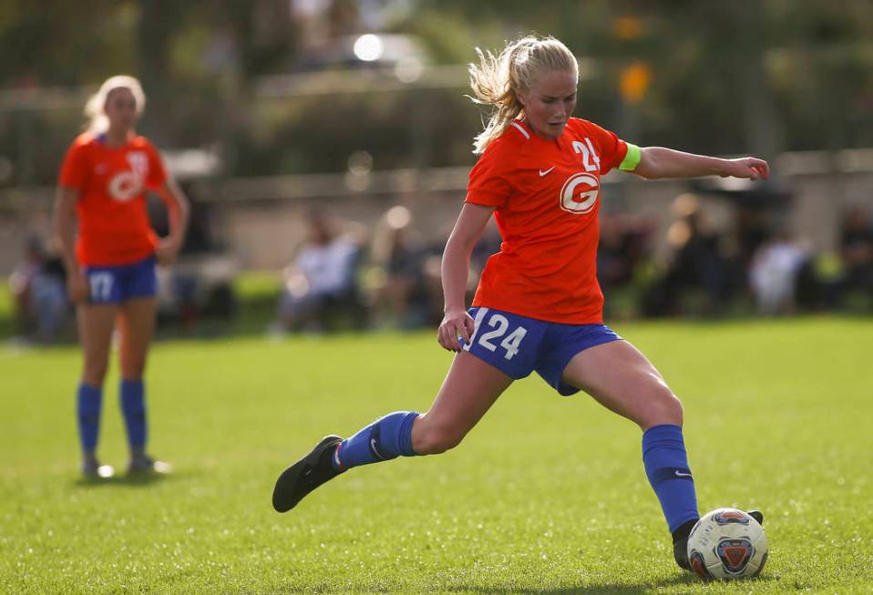 Bishop Gorman’s Kevyn Hillegas (24) kicks against against Coronado during the Desert R ...