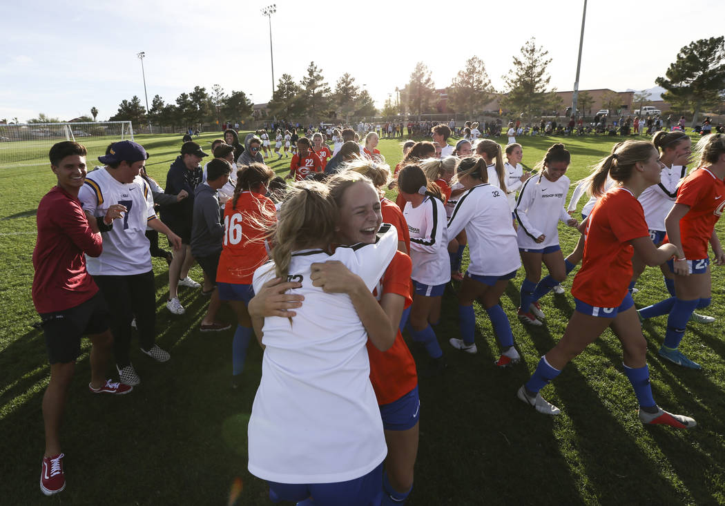 Bishop Gorman players celebrate their win over Coronado in the Desert Region girls soccer ch ...