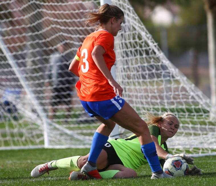 Coronado’s Taylor Book blocks a shot by Bishop Gorman’s Ashtyn Fink (3) during t ...