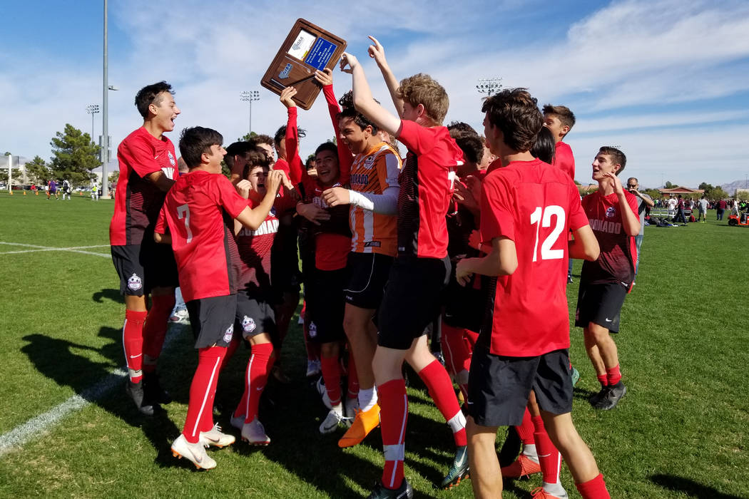 Coronado players celebrate their 3-0 victory over Durango in the Class 4A Desert Region cham ...