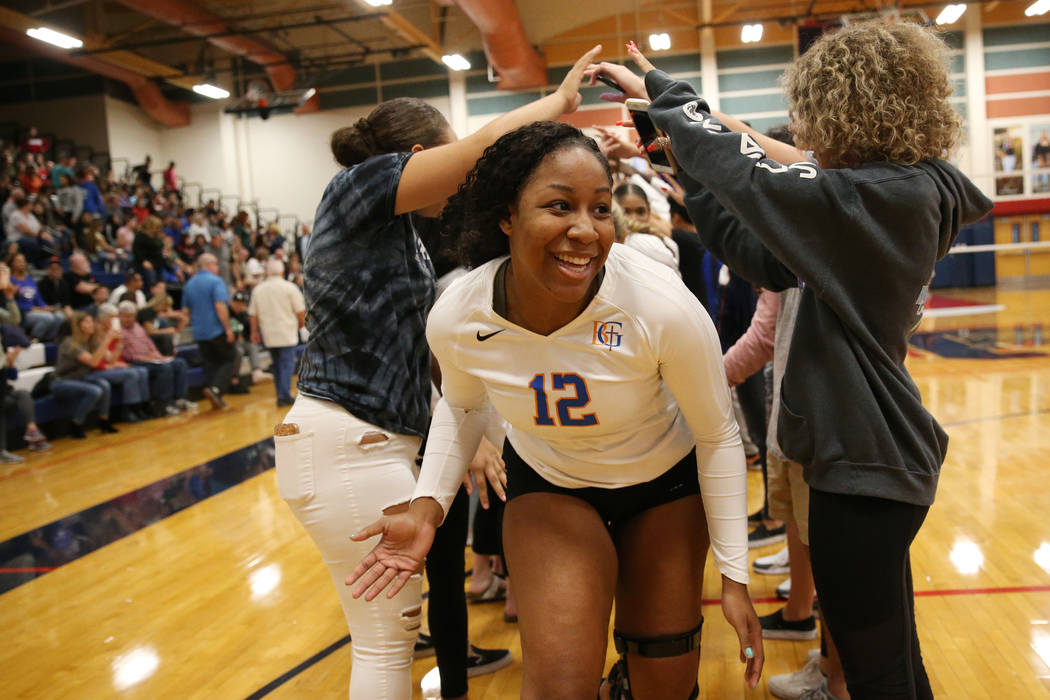 Bishop Gorman Alena Watson (12) celebrates with her team after their victory 3-0 against Pal ...