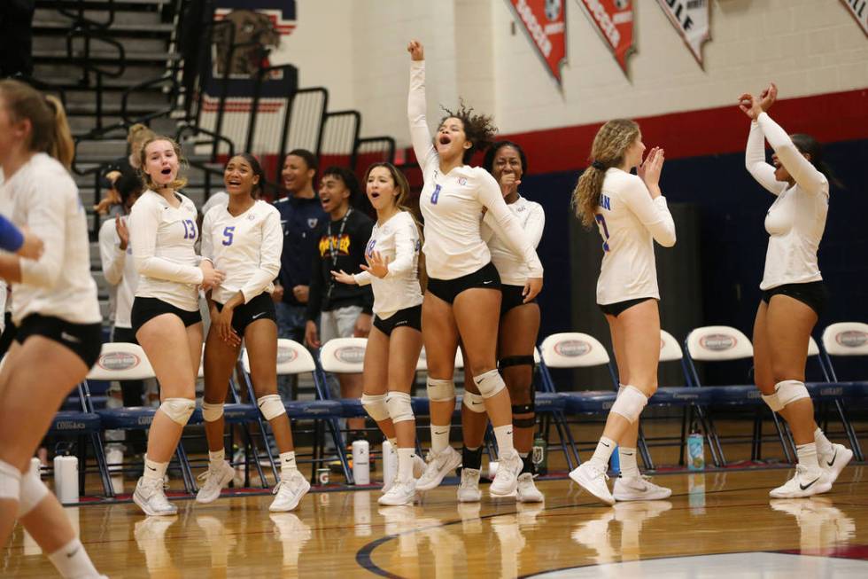 The Bishop Gorman bench reacts after a play against Palo Verde during the third set of the g ...